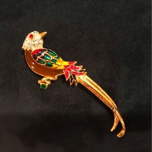 SIGNED PREMIER DESIGNS “POLLY” Parrot Brooch—Gold-Tone, Rhinestone, Enamel